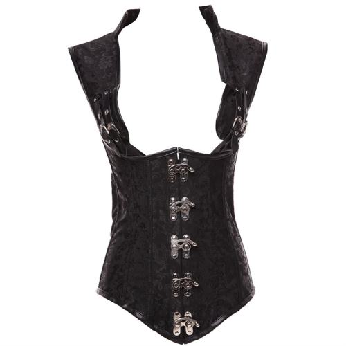 Black Brocade Corset Collared Top Plus Size Sexy Corsages Vest PQT8423