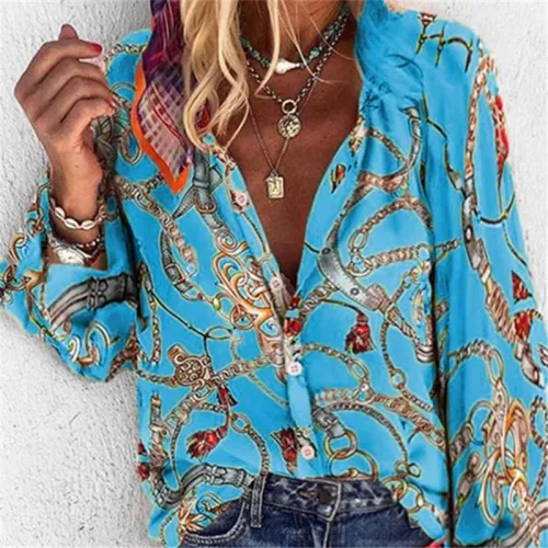 Blue Winter Loose Printed Tops Autumn Casual Shirt for Women PQOM9129D