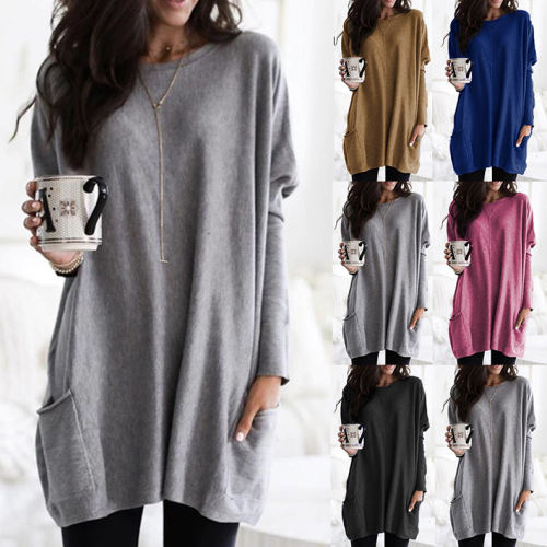 Autumn Loose Long T-shirt Solid Color Winter Casual Dress PQOM9139