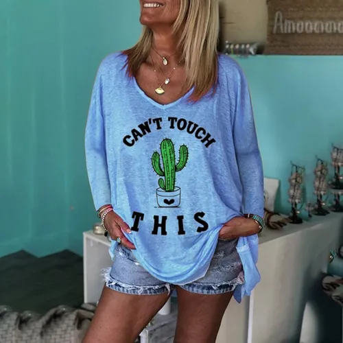 Blue Printed Casual T-shirt Autumn Round Neck Winter Tops PQOM9137D