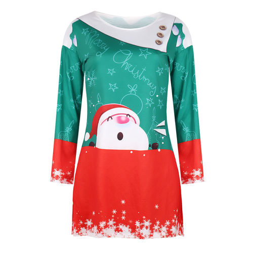 Christmas Print Casual Dress Long Sleeve Winter Dresses for Women PQOM9148A