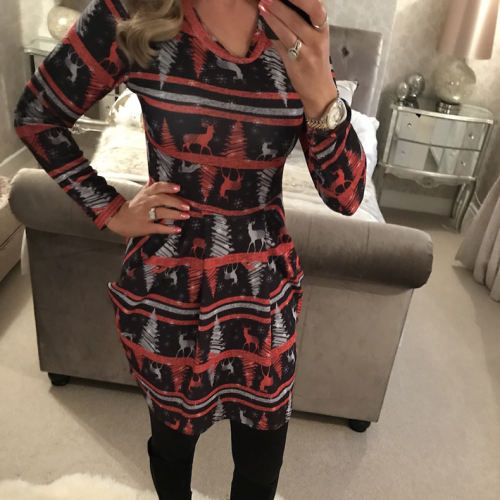 Red Christmas Print Dresses Long Sleeve Loose Casual Dress PQOM9128B