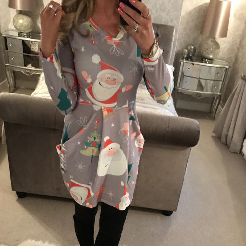 Red Christmas Print Dresses Long Sleeve Loose Casual Dress PQOM9128B