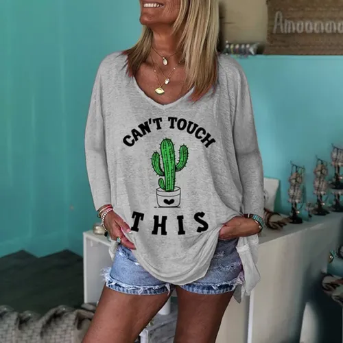 Grey Printed Winter Top Autumn Round Neck Casual T-shirt PQOM9137C