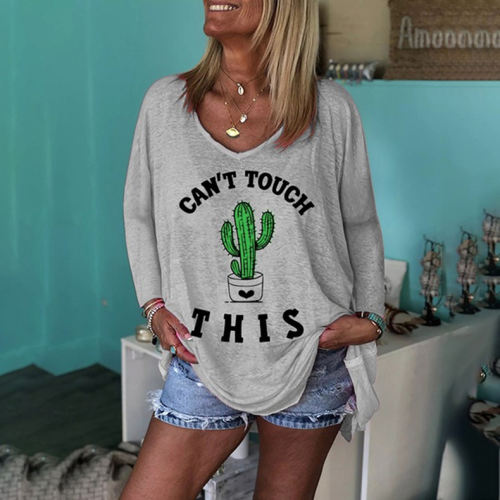 Grey Printed Winter Top Autumn Round Neck Casual T-shirt PQOM9137C