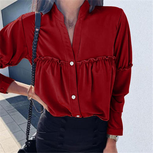 Red Loose Long Sleeved Autumn Spring Shirt For Women PQOM9125D