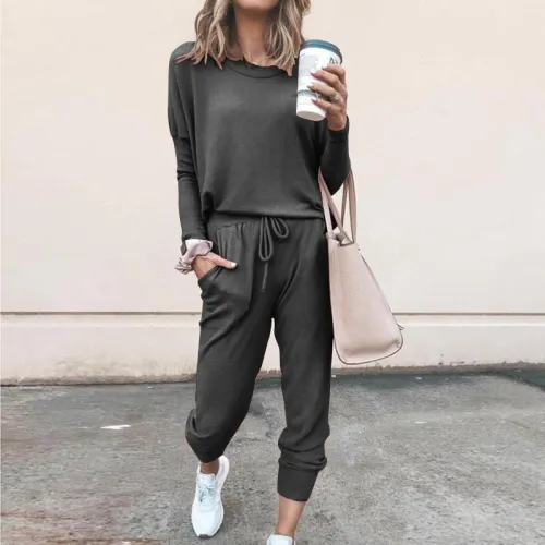 Black Autumn Winter Tracksuit Loose Long Sleeved Casual Suit PQOM9126B