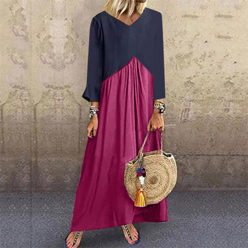 Contrast Color Streetwear For Women Long Sleeve Casual Maxi Dress PQOM9040D