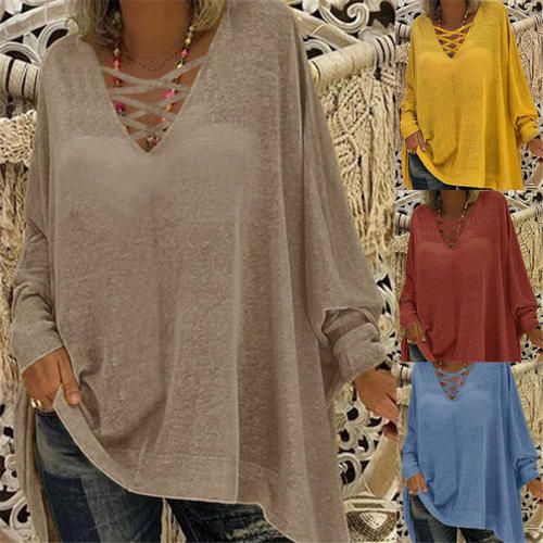 Loose V-neck Tops Long Bat Sleeve Shirt T-shirt for Women PQOM9067