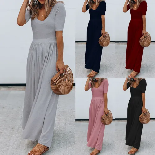 Summer Maxi Dresses Solid Color Women Fashion Streetwear PQOM9022