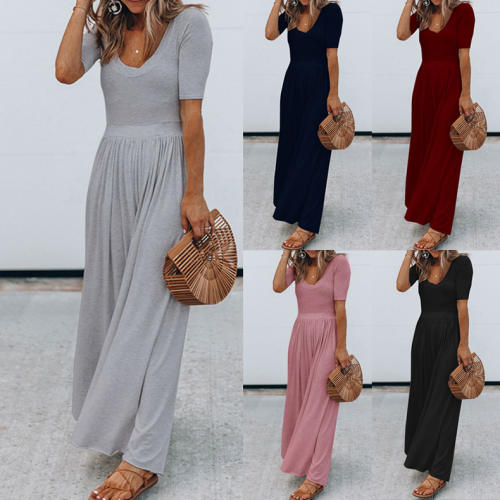 Summer Maxi Dresses Solid Color Women Fashion Streetwear PQOM9022