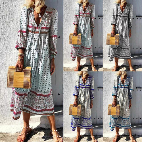 Deep V-neck Vintage Dress for Women Polka Dot Maxi Dress PQOM9048