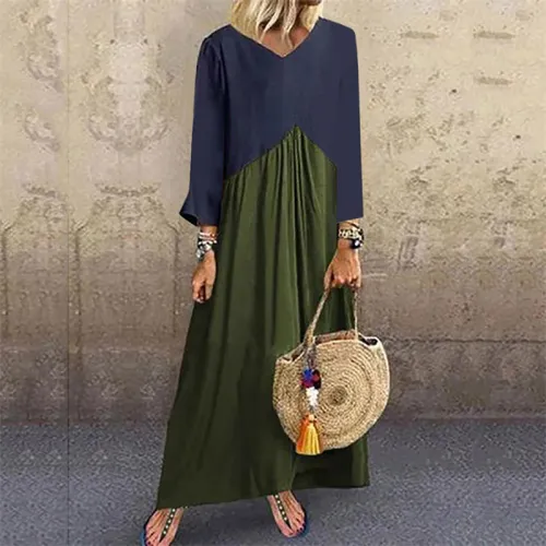 Long Sleeve Casual Streetwear Contrast Color Maxi Dress PQOM9040B