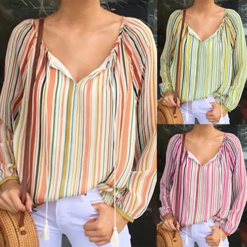 Spring Striped Blouses Women V-Neck Autumn Casual Streetwear PQOM9019