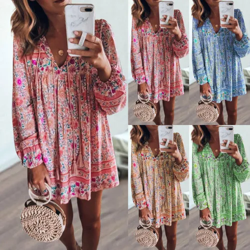 Tassel Floral Printed Loose Casual Dresses Sexy Beach Vacation Outfits PQOM9047