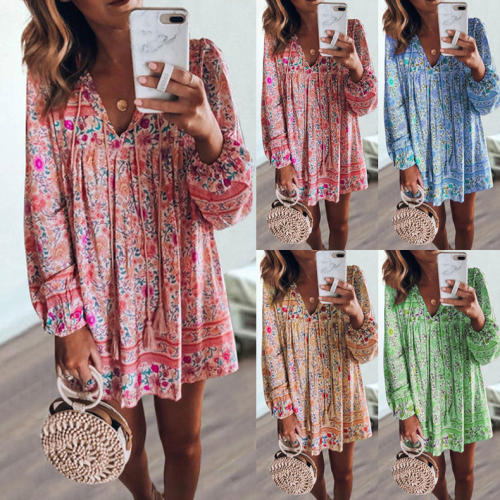 Tassel Floral Printed Loose Casual Dresses Sexy Beach Vacation Outfits PQOM9047