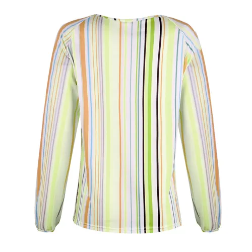 Spring Striped Blouses Women V-Neck Autumn Casual Streetwear PQOM9019