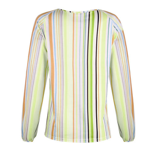Spring Striped Blouses Women V-Neck Autumn Casual Streetwear PQOM9019