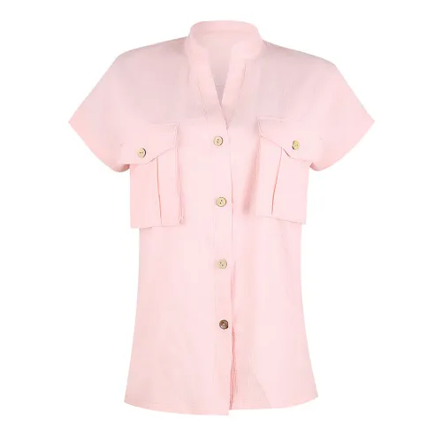 Summer Solid Color Blouses Women V-Neck Casual Streetwear PQOM9028