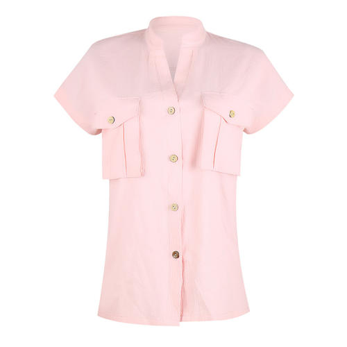 Summer Solid Color Blouses Women V-Neck Casual Streetwear PQOM9028
