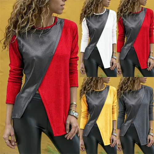 Women Spring Blouses Fashion Long Sleeve Tops Contrast Color Shirts PQOM9013
