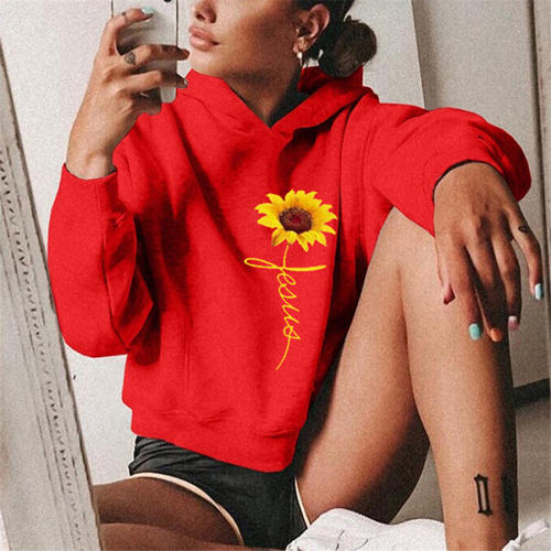 Sunflower Print Hoodies Loose Short Sweatshirts For Women PQOM9055H
