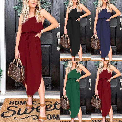 Summer Party Dresses Sexy Split Casual Spaghetti Strap Midi Dress PQOM9023