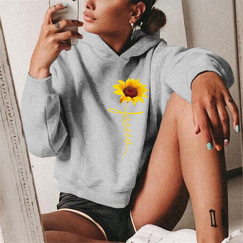 Sunflower Print Hoodies Loose Short Sweatshirts For Women PQOM9055H