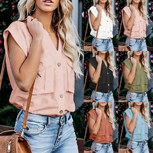 Summer Solid Color Blouses Women V-Neck Casual Streetwear PQOM9028