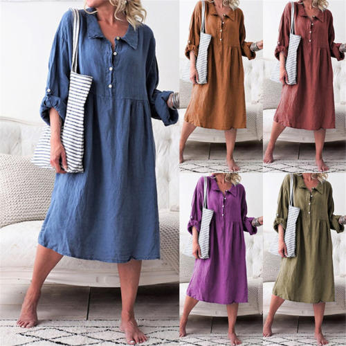 Solid Color Long Shirt Dresses for Women Full Sleeve Autumn Midi Dress PQOM9049