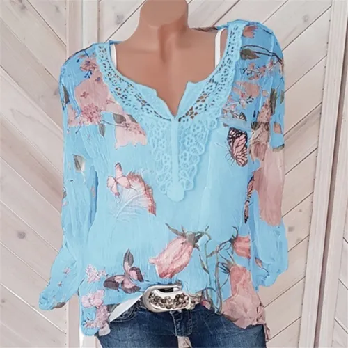 Plus Size V-neck Floral Print Tops Chiffon Shirts for Women PQOM9061B