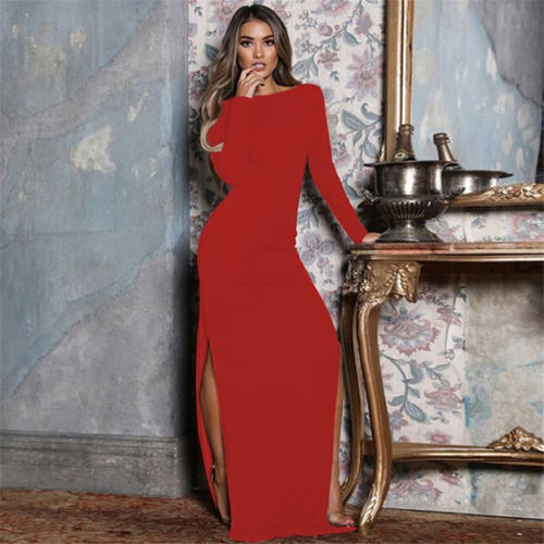 Solid Solor High Split Evening Dresses Women Full Sleeve Cocktail Dress PQOM9078A