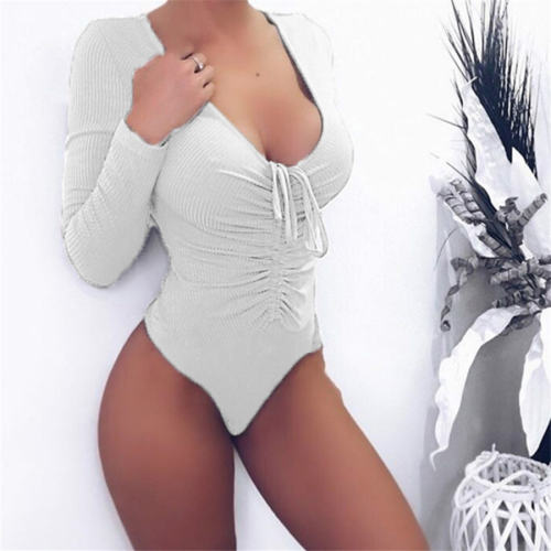 Sexy Slim Drawstring Swimwear Long Sleeve One Piece Swimsuit PQOM9081A