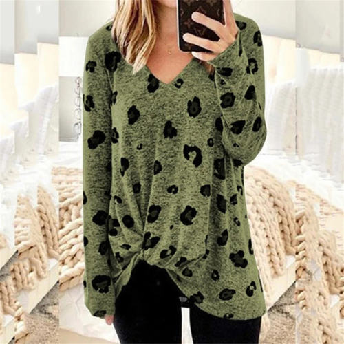 Twist Long Sleeve Women Tops Autumn V-neck Printed T-shirt PQOM9107C