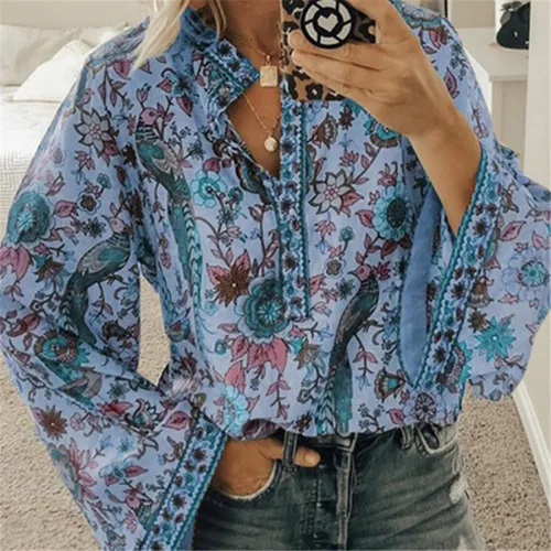 Blue Peacock Print Loose Shirt Autumn Long Sleeve Blouse Plus Size Tops PQOM9070F