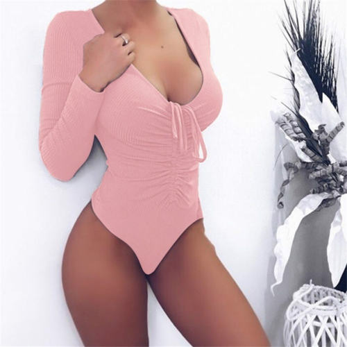 Long Sleeve One Piece Swimsuit Sexy Slim Drawstring Swimwear PQOM9081B