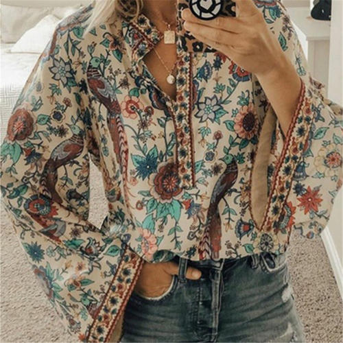 Plus Size Peacock Print Loose Shirt Button Autumn Long Sleeve Tops PQOM9070A