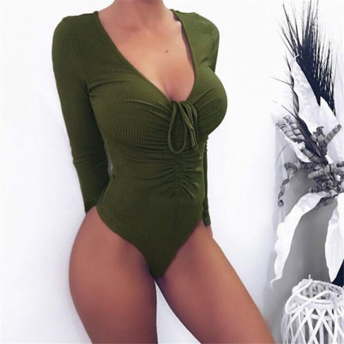 Sexy Drawstring Swimwear V-neck One Piece Swimsuit PQOM9081D