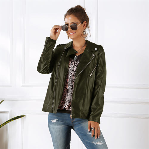 Army Green Winter Faux Leather Coats Long Sleeve PU Jacket with Zipper PQOM9072C