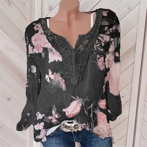 Chiffon Tops for Women Plus Size V-neck Floral Print Shirts PQOM9061D