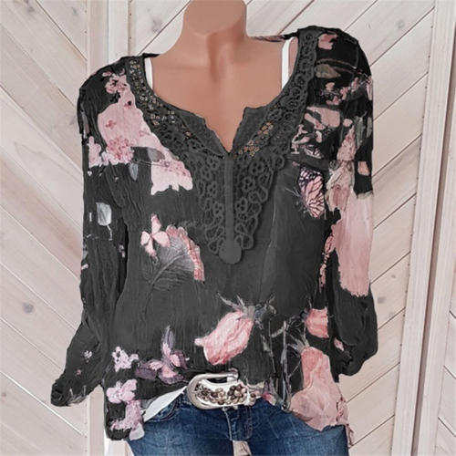 Chiffon Tops for Women Plus Size V-neck Floral Print Shirts PQOM9061D