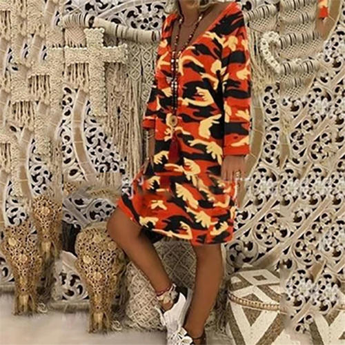 Loose V-neck Printed Dresses Long Sleeve Mid-length Casual Dress PQOM9109A