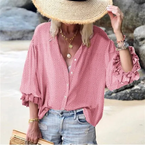 Loose Polka Dot Printed Shirt Long Ruffle Sleeve Tops PQOM9103B