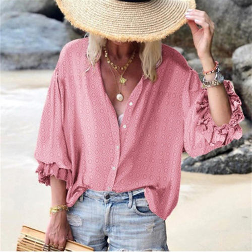 Loose Polka Dot Printed Shirt Long Ruffle Sleeve Tops PQOM9103B
