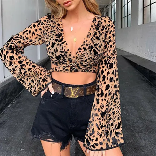 Sexy Leopard Print Tops Cross Tie T-shirt for Women PQOM9093