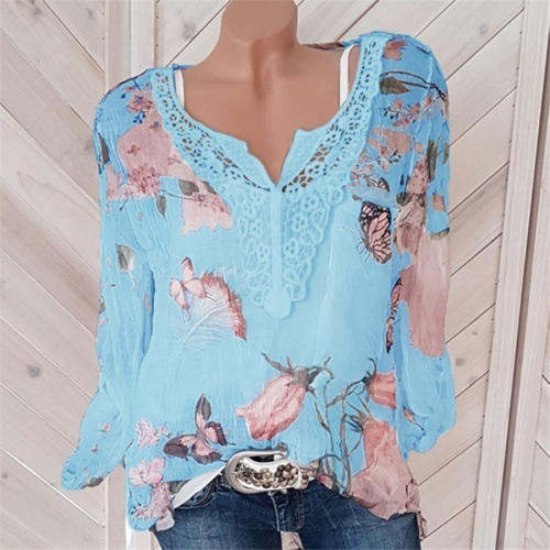Chiffon Shirts for Women Plus Size V-neck Floral Print Tops PQOM9061C