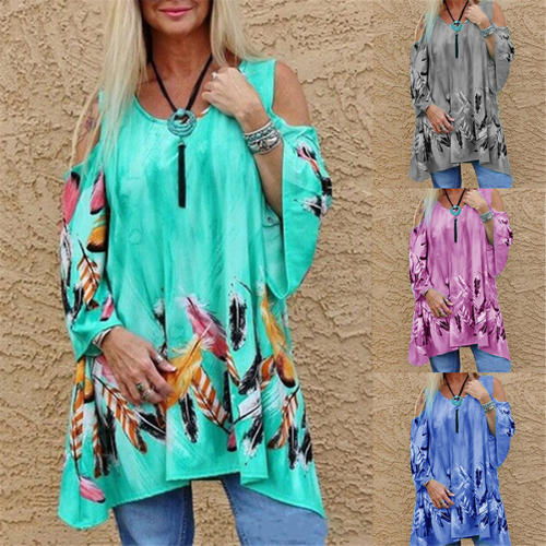 Loose Off-shoulder Tops Floral Printed Mid-length T-shirt for Women PQOM9069