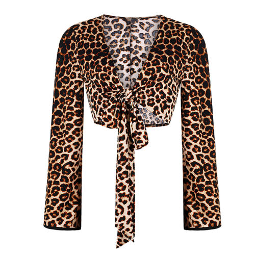 Sexy Leopard Print Tops Cross Tie T-shirt for Women PQOM9093