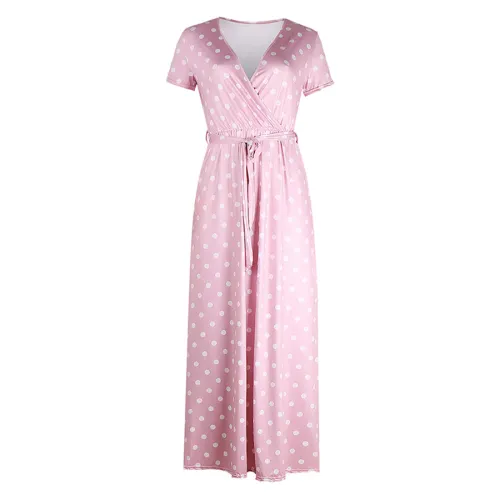 Short Sleeve Polka Dot Maxi Dress V-neck Vintage Dresses for Women PQOM9063