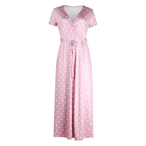 Short Sleeve Polka Dot Maxi Dress V-neck Vintage Dresses for Women PQOM9063